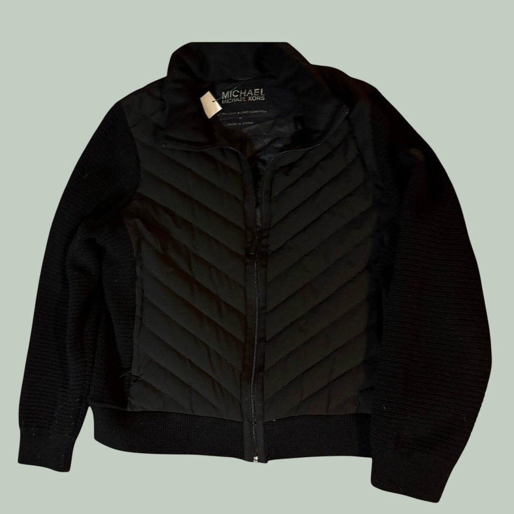 Michael Kors Black Puffer Quilted Knit Bomber Jacket XL Lightweight Down Fill